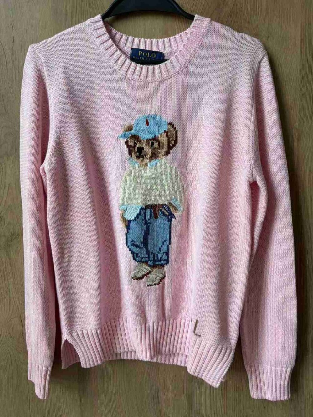 ⚜Polo RL Casual Polo Bear Graphic Pink Knit Pullover Side Slits